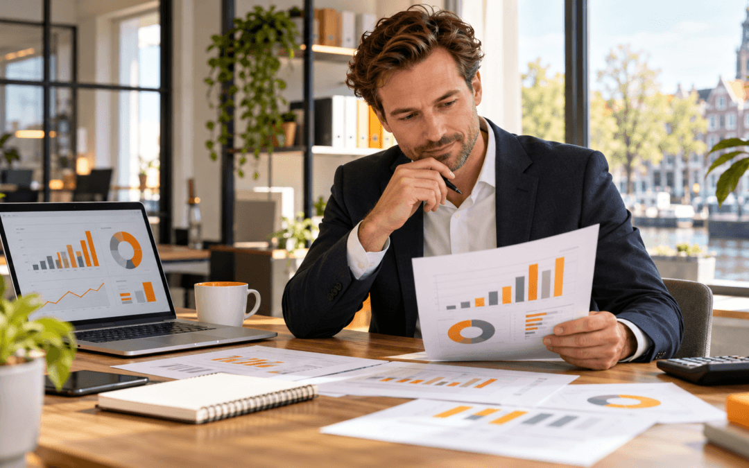 Ondernemer met winst maar weinig geld op de bank bekijkt liquiditeit, cashflow en financiële rapportages.